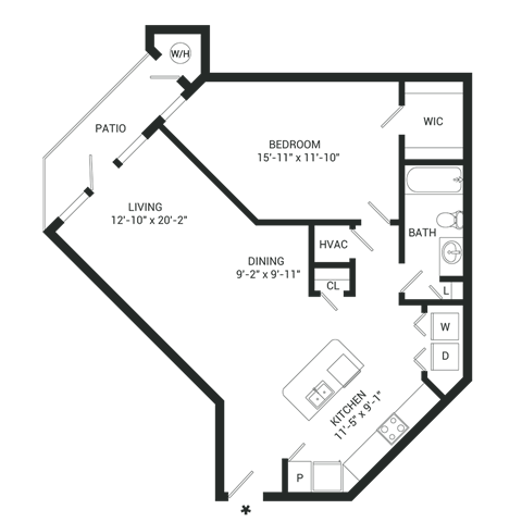 Floor plan for 1 bed, 1 bath, 867 sqft